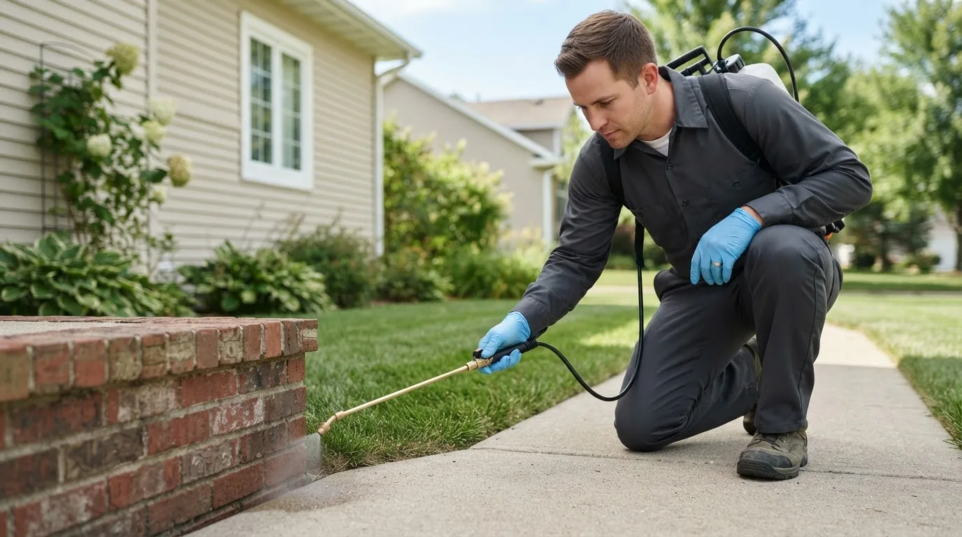 Pest control technician treating a home near Zephyr, TX