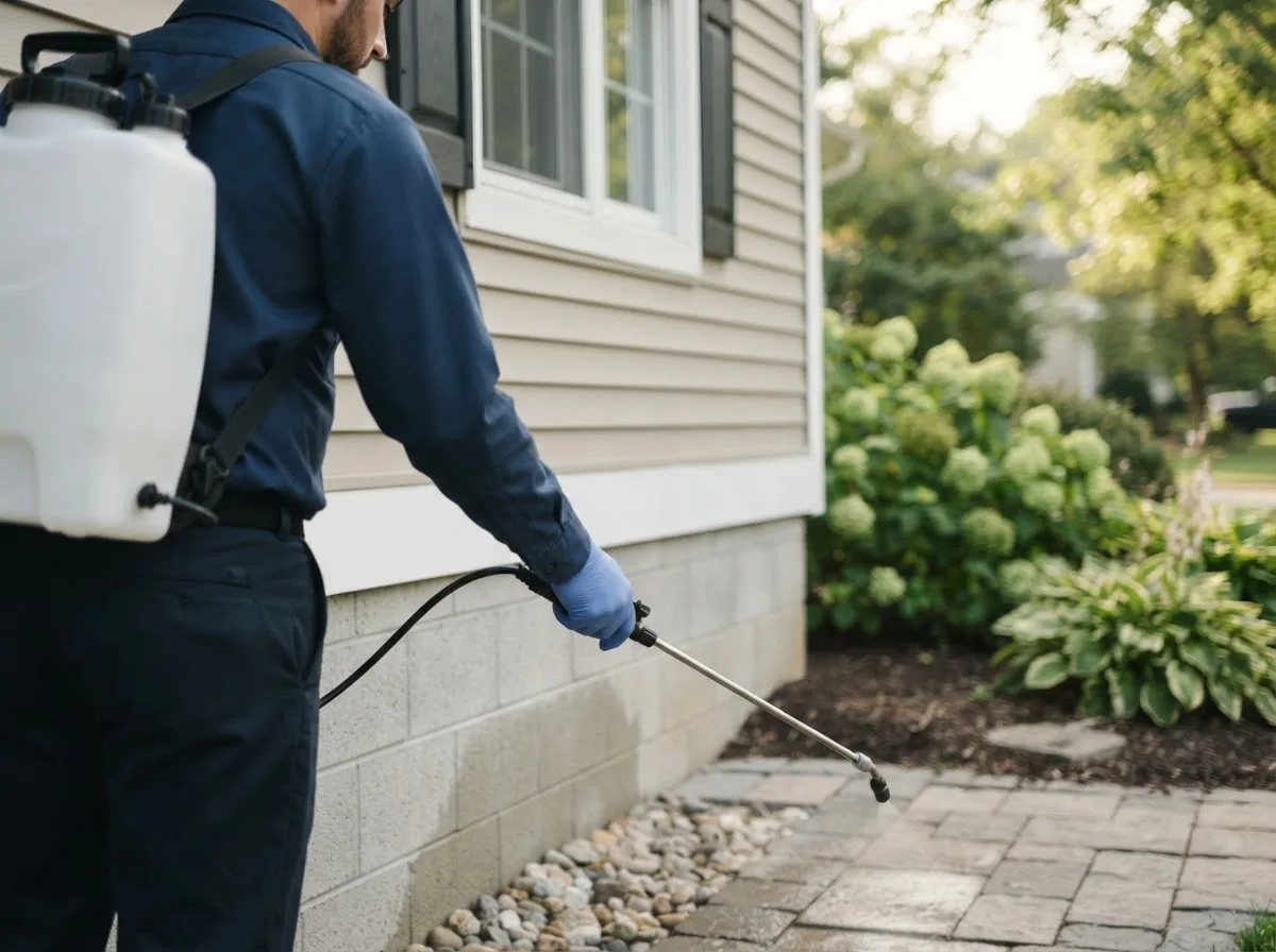 Pest control technician inspecting a home in Zephyr, TX
